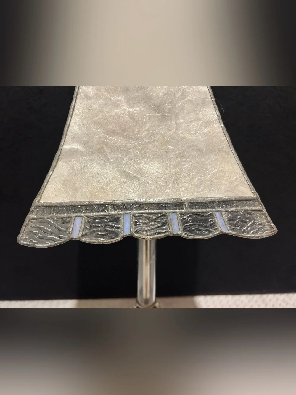 Vintage Glass Base Table Lamp with White Stained-Glass Shade Etched Glass Shaft